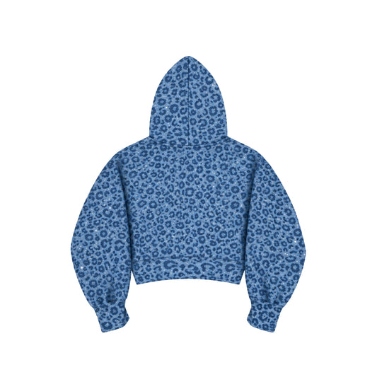 VYBES Women's Blue Leopard Cropped Zip-up