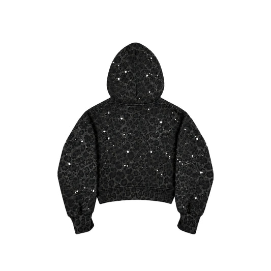 VYBES Women's Black Leopard Cropped Zip-up
