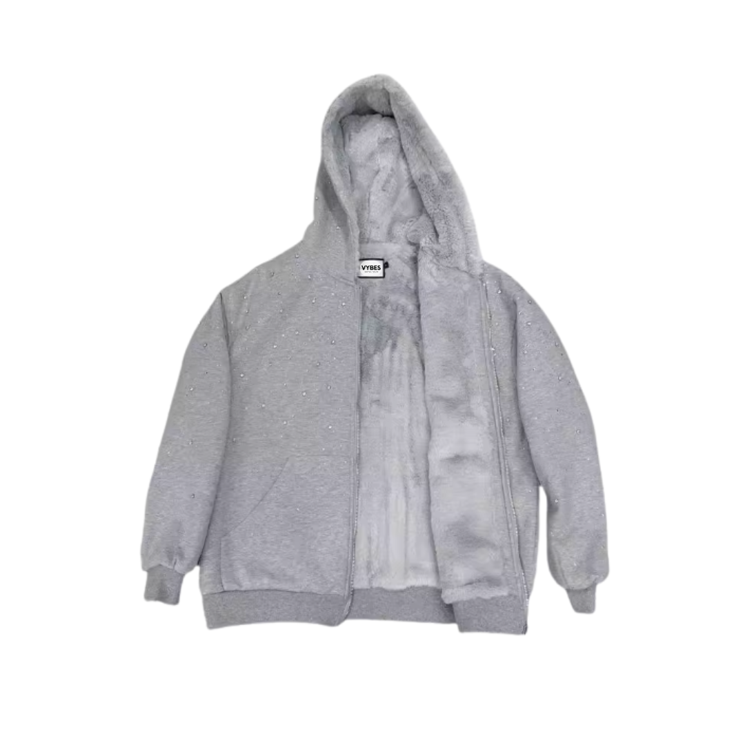 VYBES Rhinestone Galaxy Zip Up (Fur Lined) | Fur-Lined