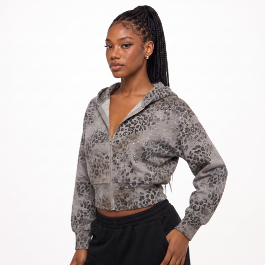 VYBES Women's Snow Leopard Cropped Zip-up