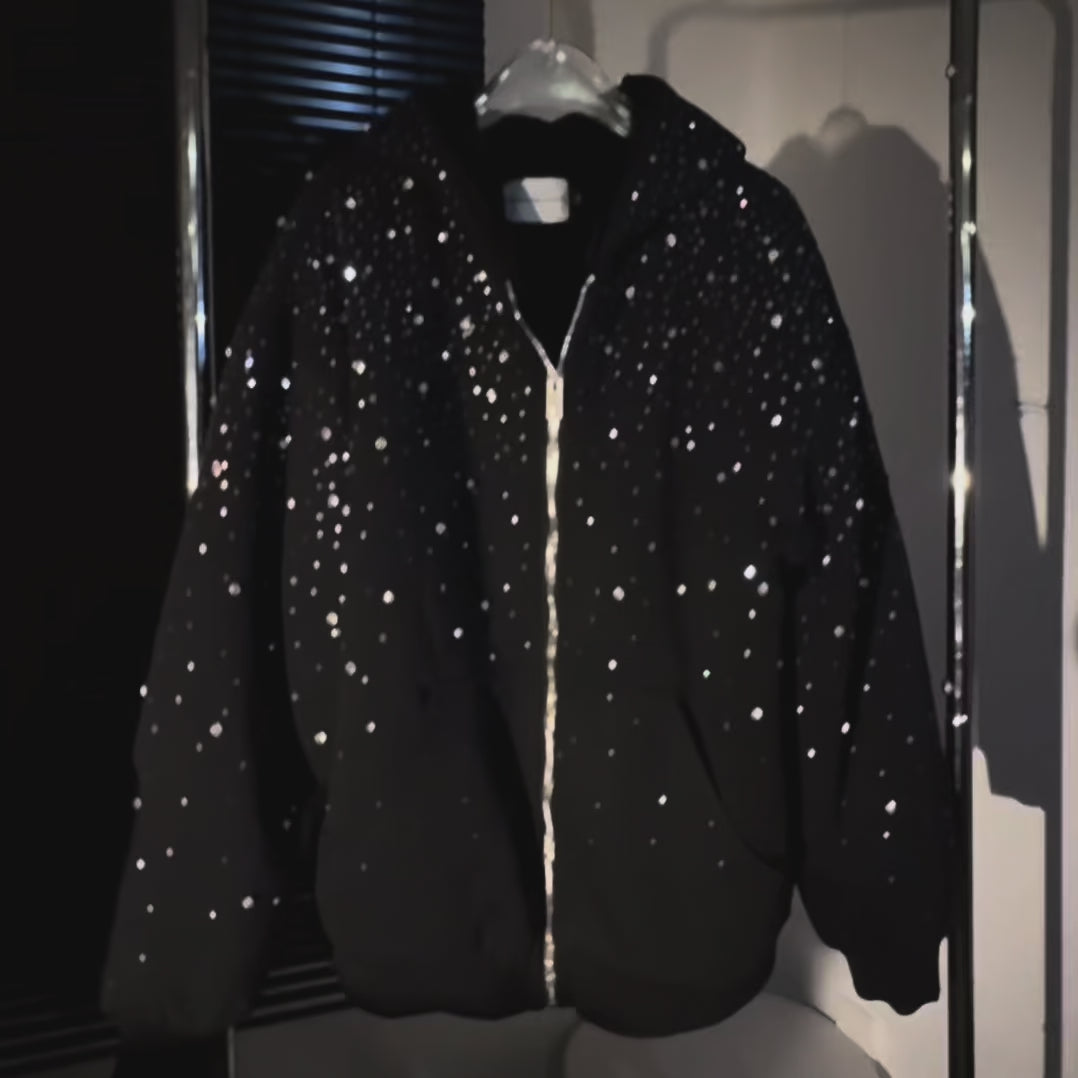 VYBES Rhinestone Galaxy Zip Up (Fur Lined) | Fur-Lined