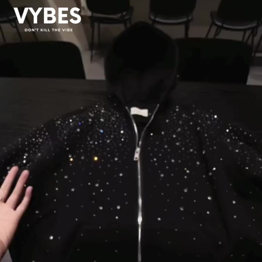 VYBES Rhinestone Galaxy Zip Up | Sleek & Sparkling Layer