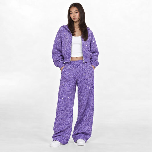 VYBES Women's Purple Leopard Cropped Zip-up
